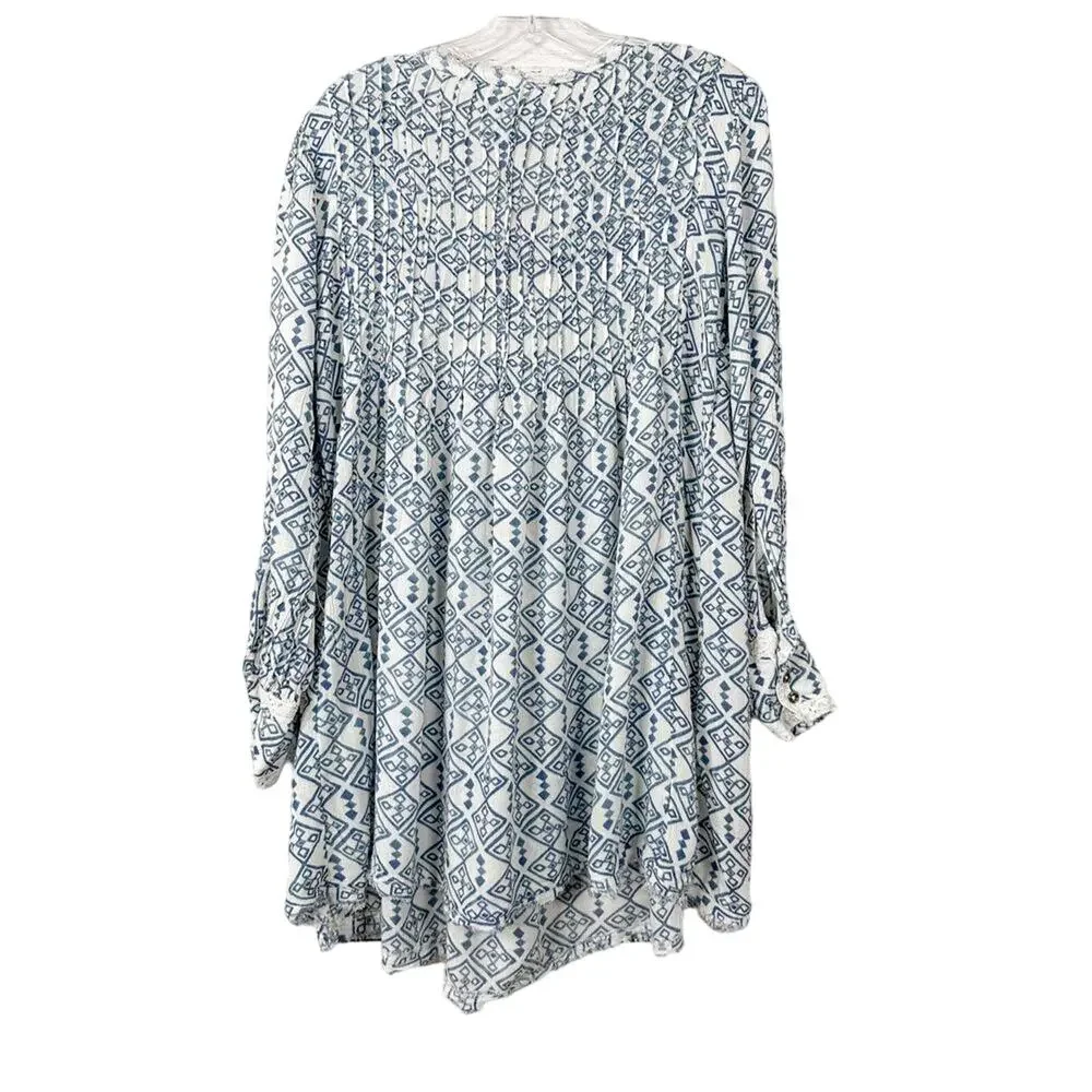 Free People Women's Geometric Long Sleeve Boho Mini Dress White Blue Small